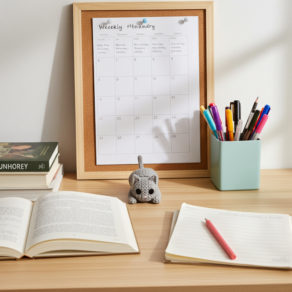 Desk setup with a framed calendar, books, an open notebook, a small fidget toy shaped like a cat with crochet texture, and a container of pens.