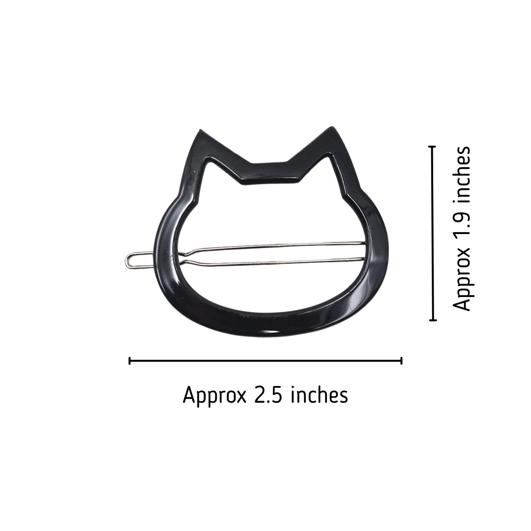 Black cat-shaped hair clip with dimensions on a white background
