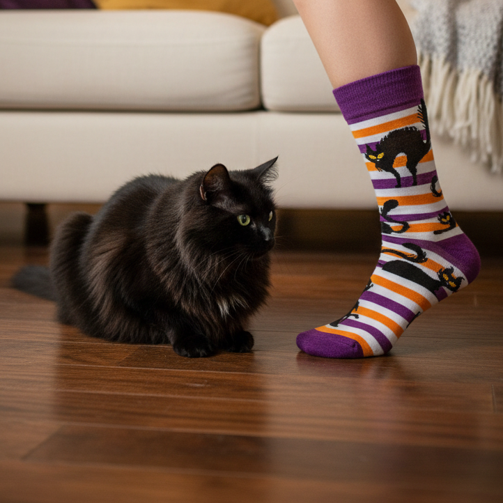 Person wearing Halloween-themed socks with a black cat design, standing next to a black cat on a wooden floor.