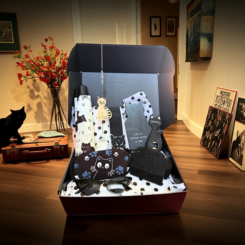 Collection of cat-themed items in a box on a wooden floor with decorative elements.