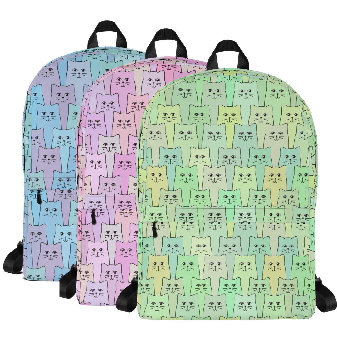 Three backpacks with cat pattern in pastel colors on a white background