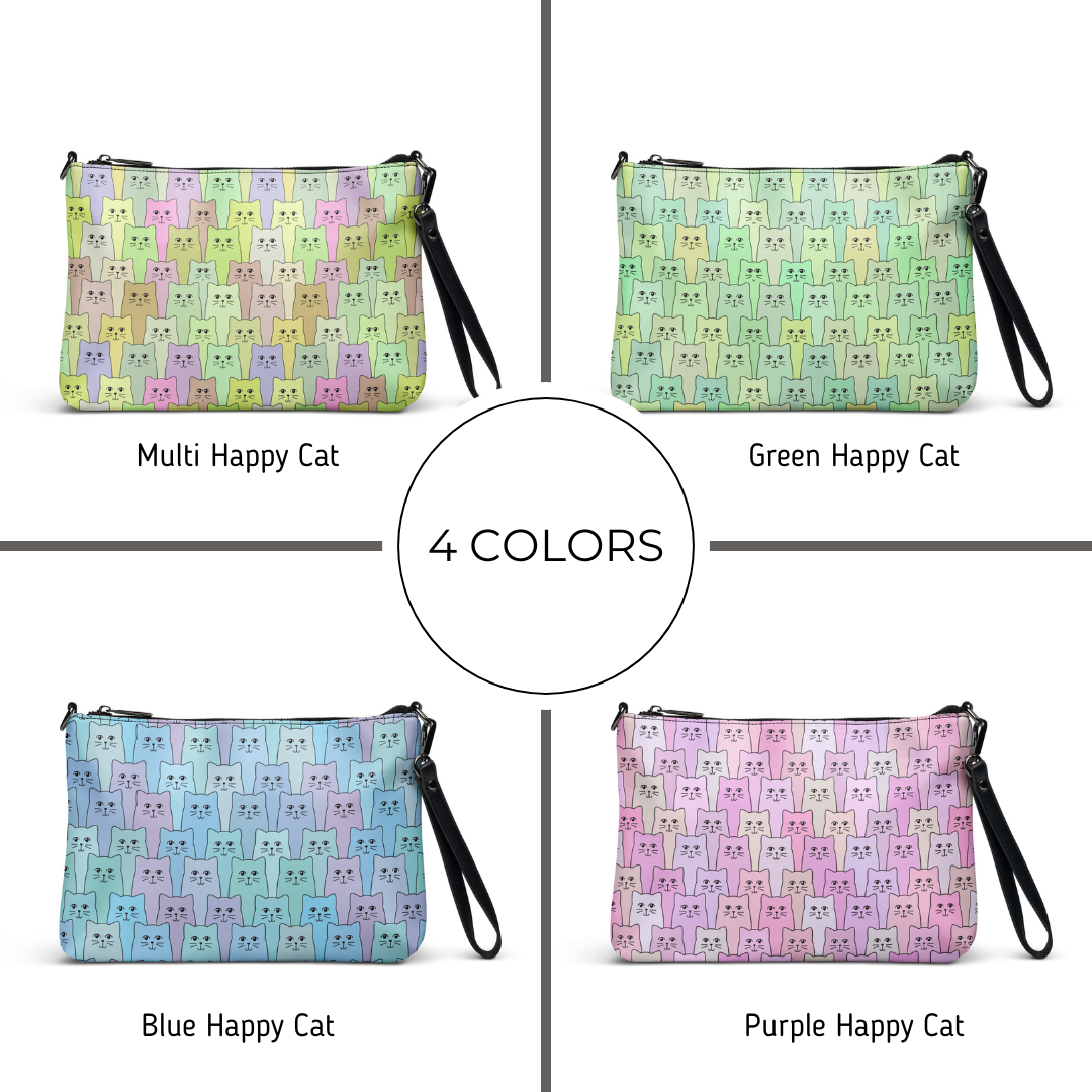 Four pouches with 'Happy Cat' pattern in different colors on a white background.