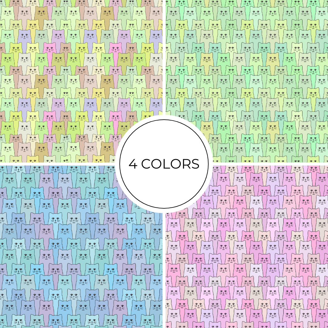 Four patterns of pastel-colored cat illustrations with a central circle labeled '4 Colors'.