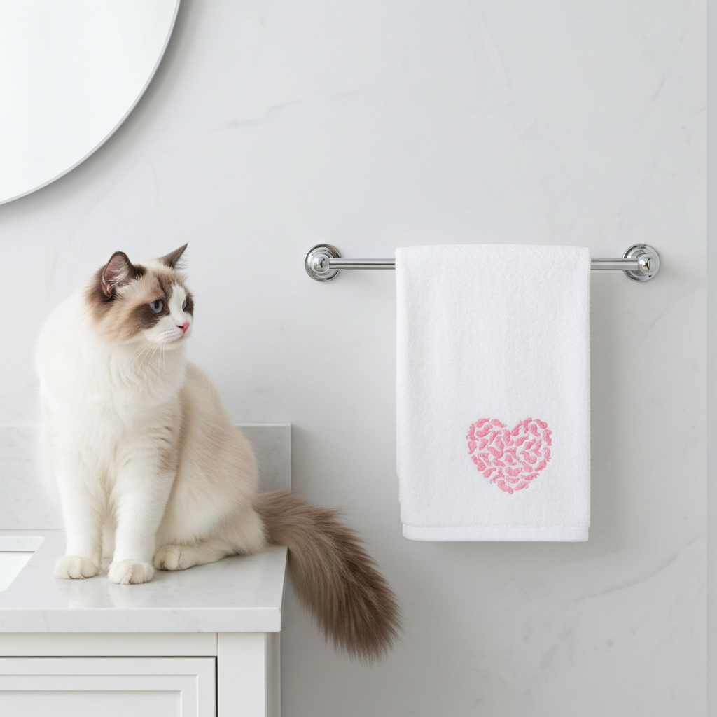 Cat sitting on a bathroom counter next to a towel with a heart design made of cats.