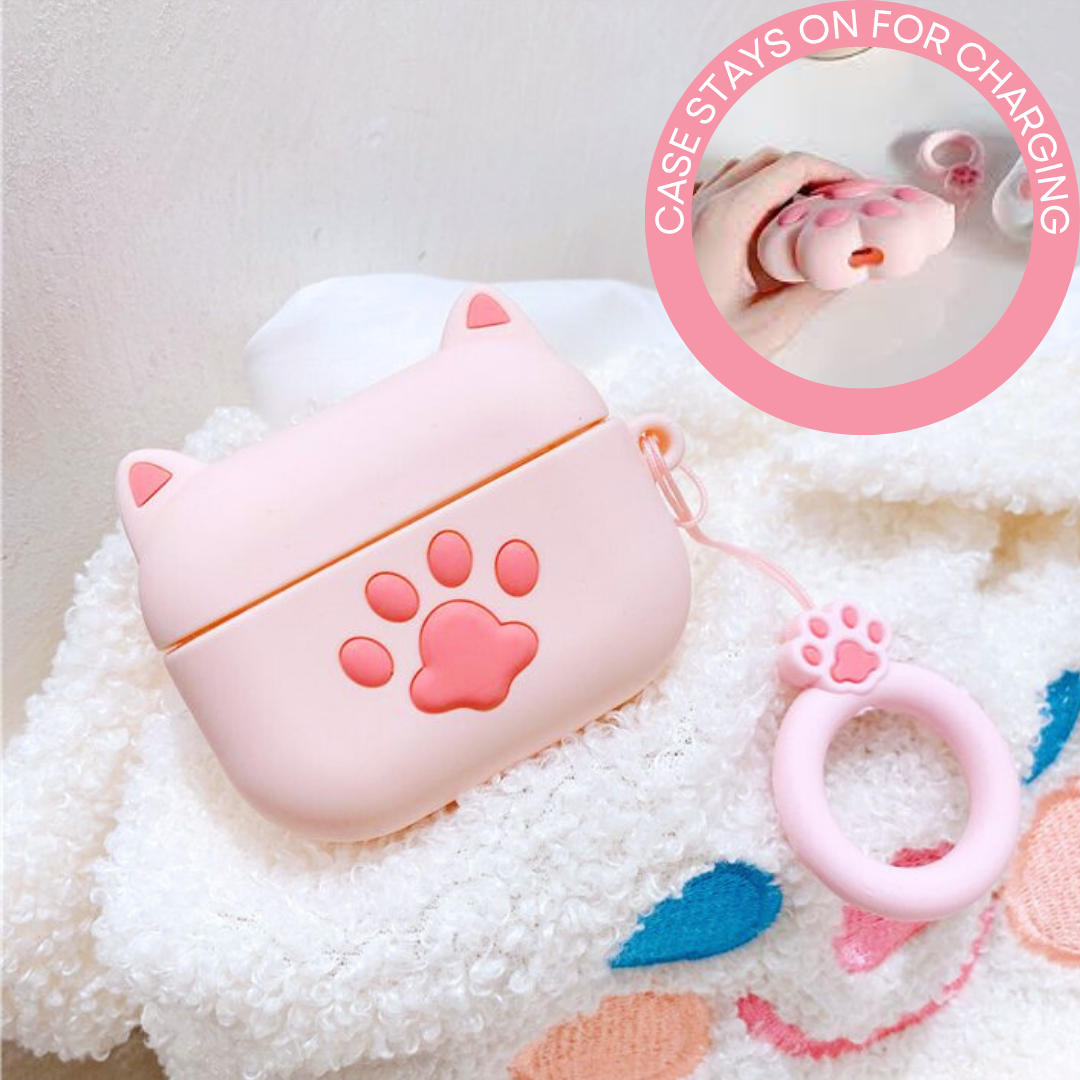Pink cat-shaped airpod case with paw design on a soft white background