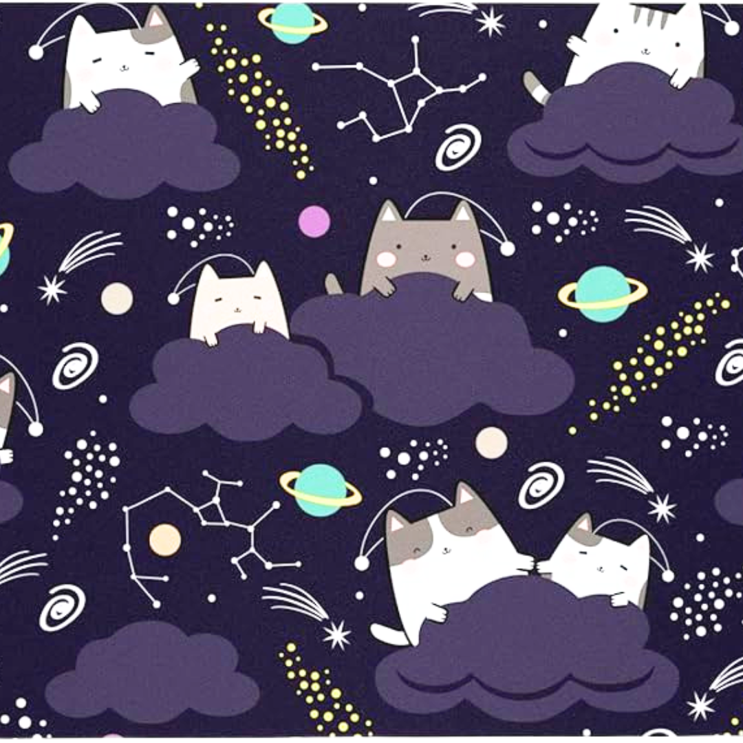 Pattern of cats on clouds with space elements like planets and stars on a dark blue background.