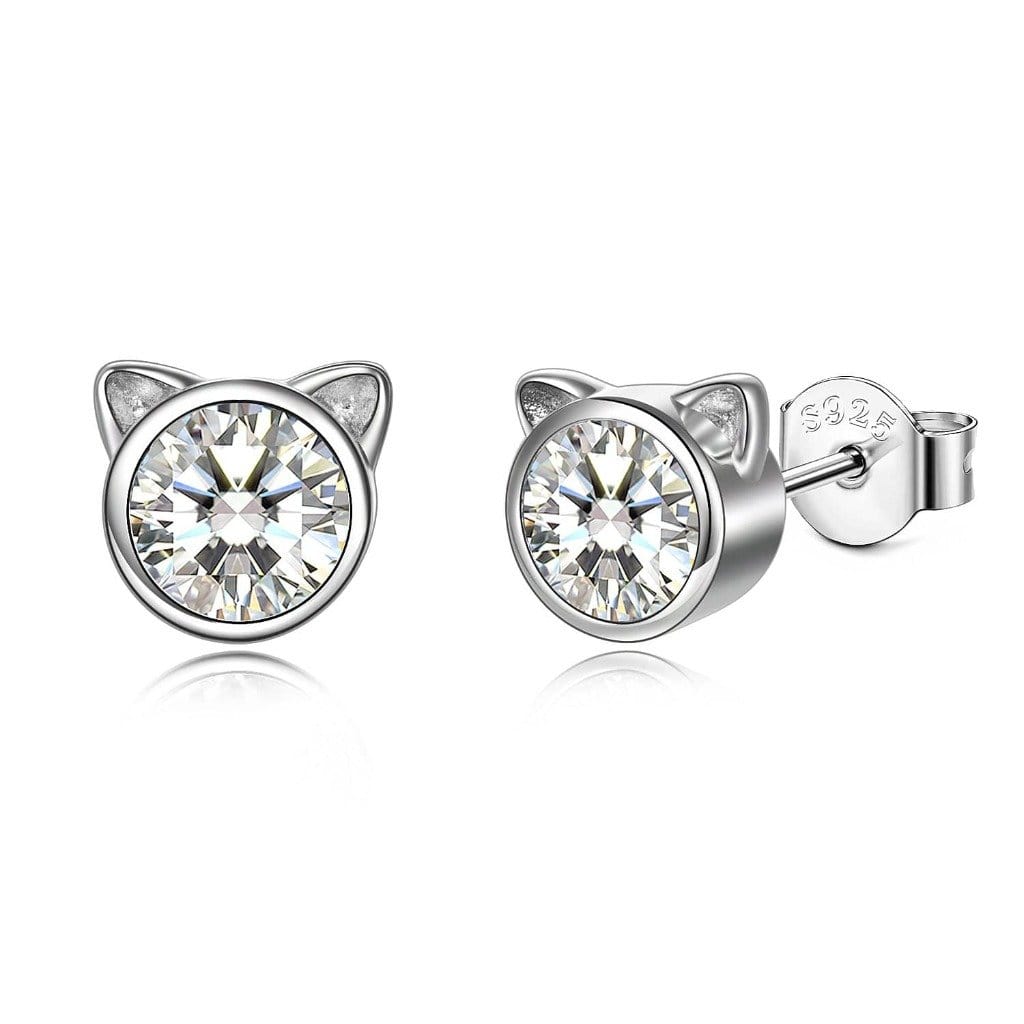 Cat ear stud earrings with clear crystals on a white background