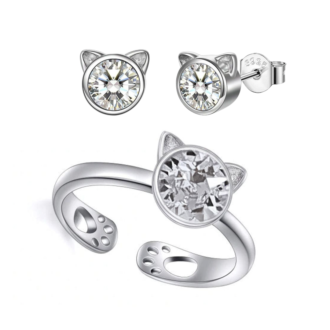 GIFT SET: Sterling Silver Crystal Cat Earrings & Matching Ring