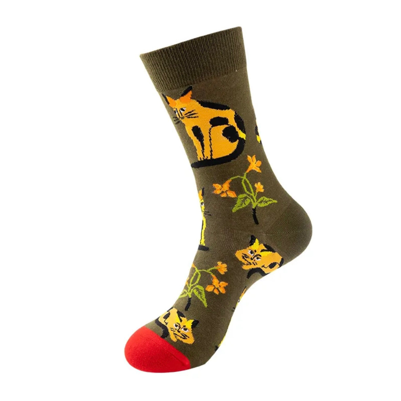 Sock with cat and flower pattern on a white background
