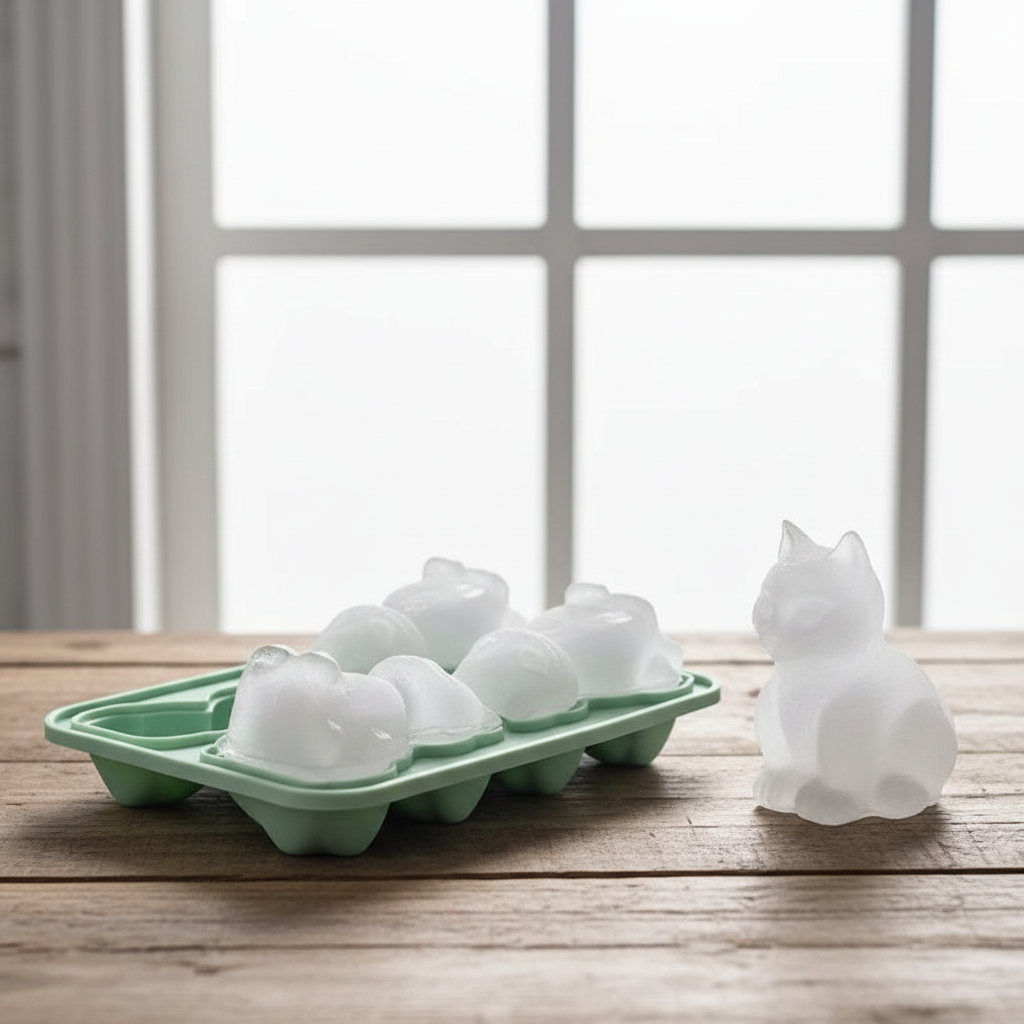 Cat-shaped ice cube trays on a wooden surface with a window in the background