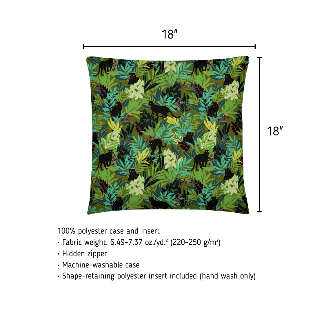 18x18 inch pillow with panther and leaf pattern on a white background
