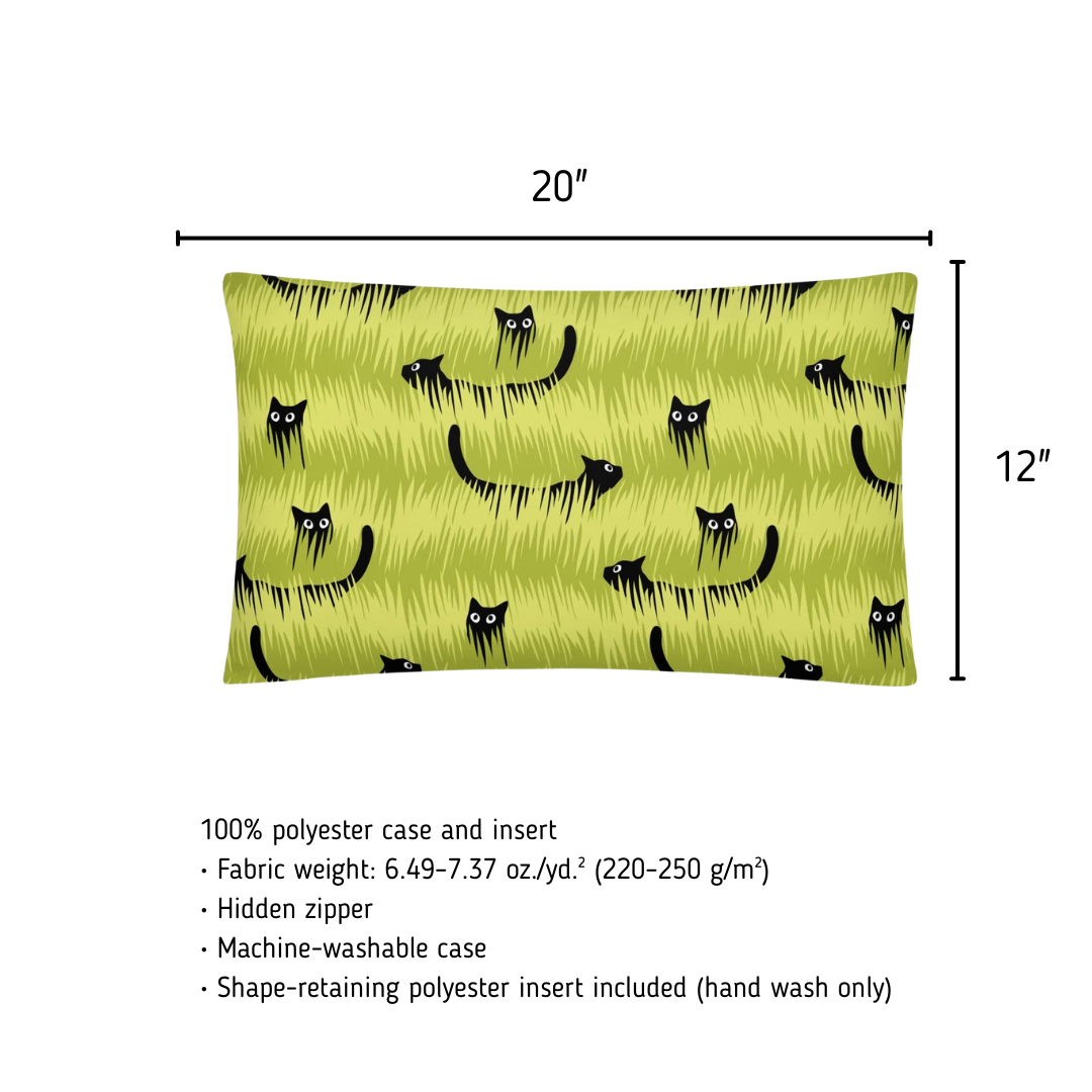 Green pillowcase with black cat pattern and measurements on a white background