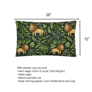 Pillow with lion and leaf pattern and dimensions on a white background