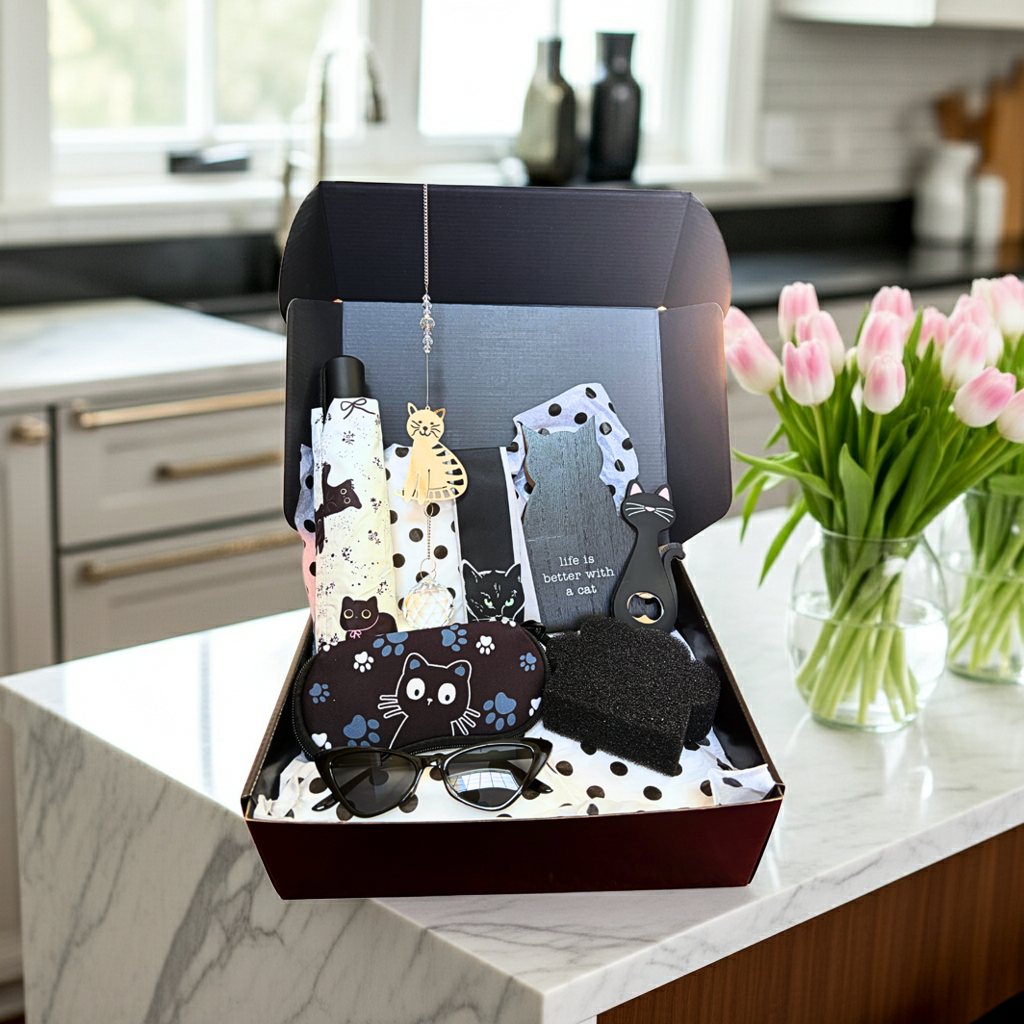 Set of cat-themed items in a box on a kitchen counter with flowers in the background