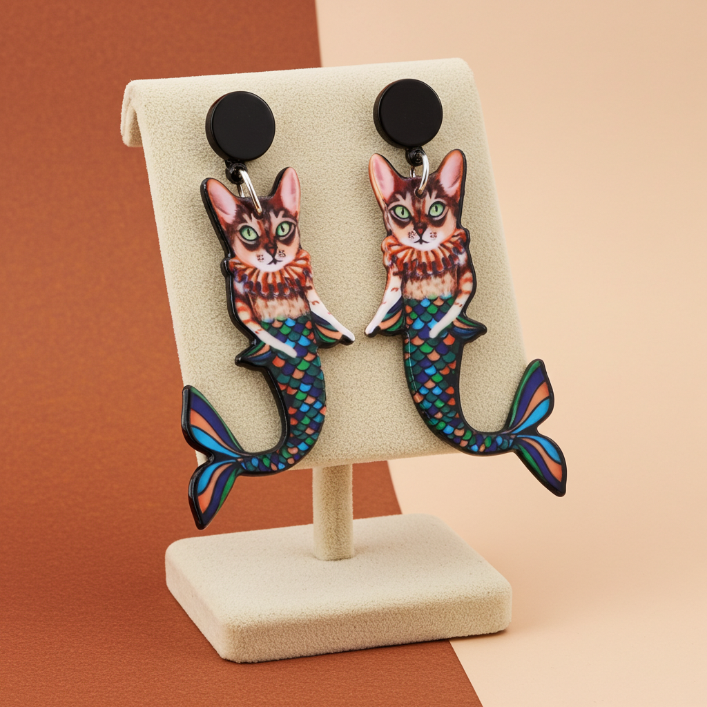 Cat mermaid earrings on a display stand with a colorful background