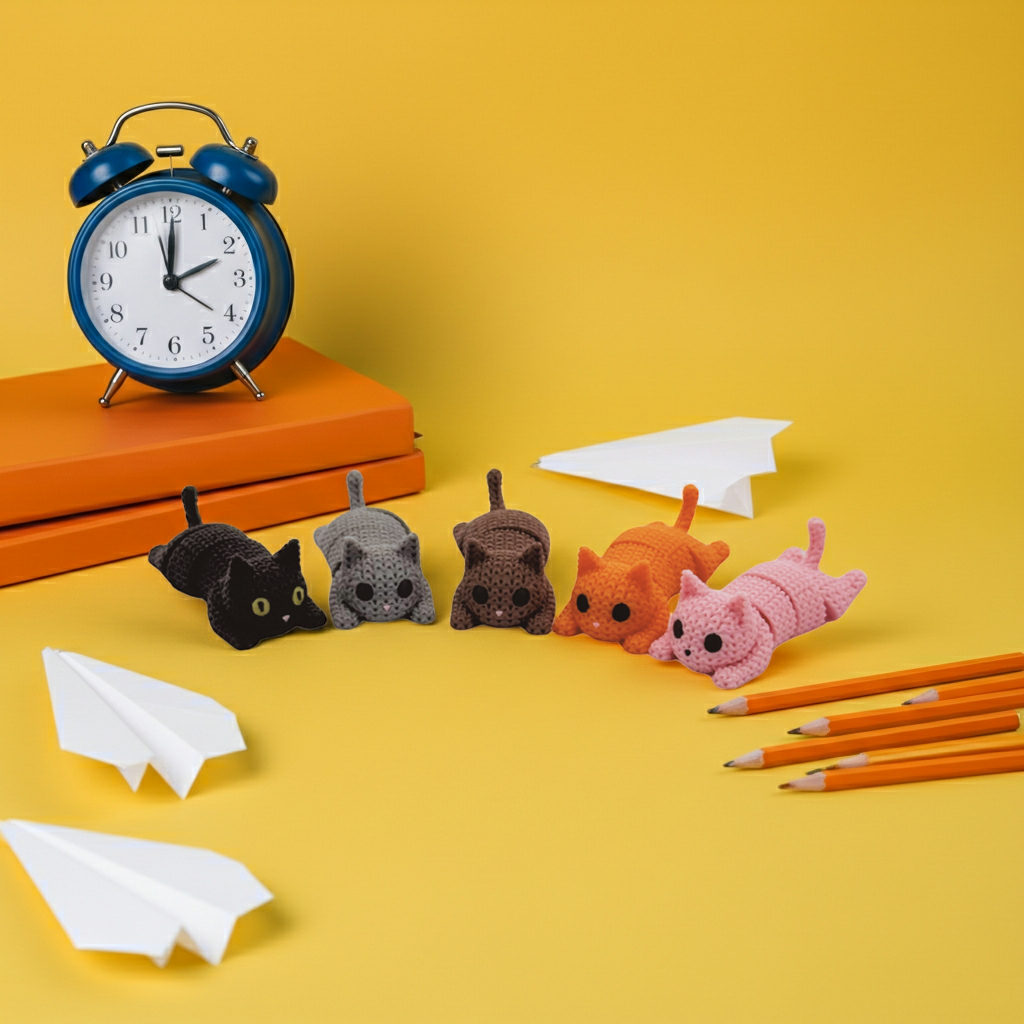 Five colorful knit textured cat shaped fidget toys on a yellow desk surrounded by paper airplanes, am alarm clock, and sharpened pencils.