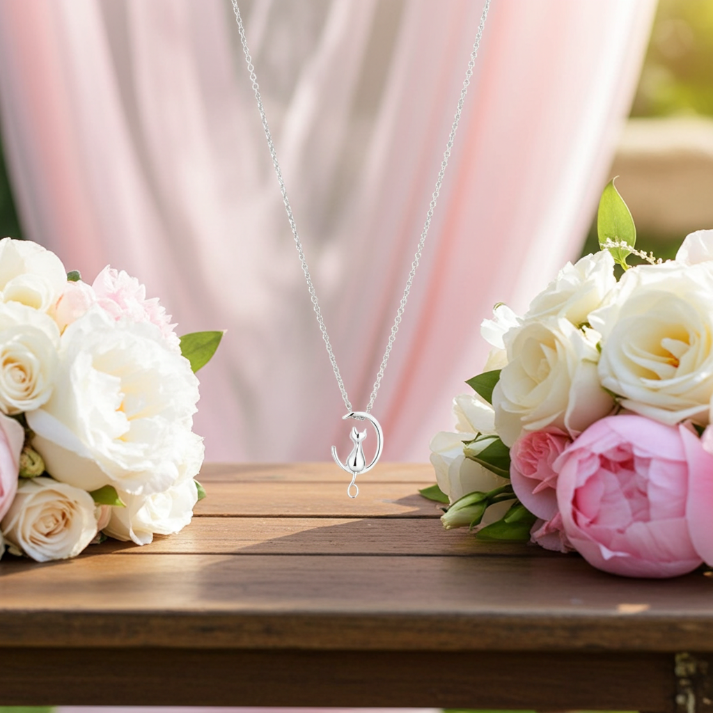 Silver necklace with a Memorial Cat on a moon pendant sits on a wooden surface surrounded by white and pink roses.