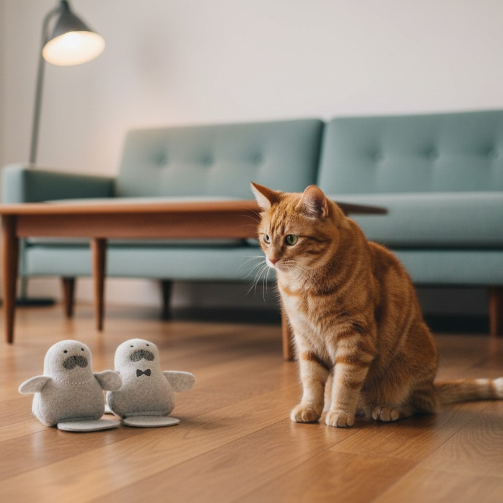 Cat sitting on a wooden floor with manatee shaped catnip filled cat toys Mr and Mrs Meownatee.