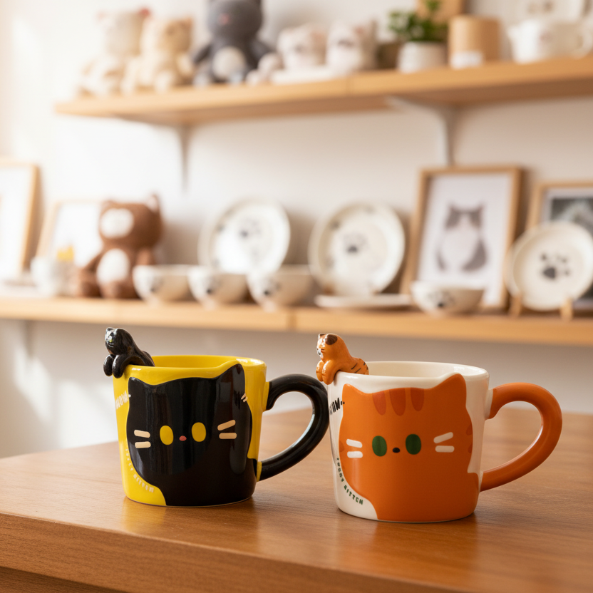 Two cat-shaped mugs on a wooden table with a blurred background of shelves and decor.