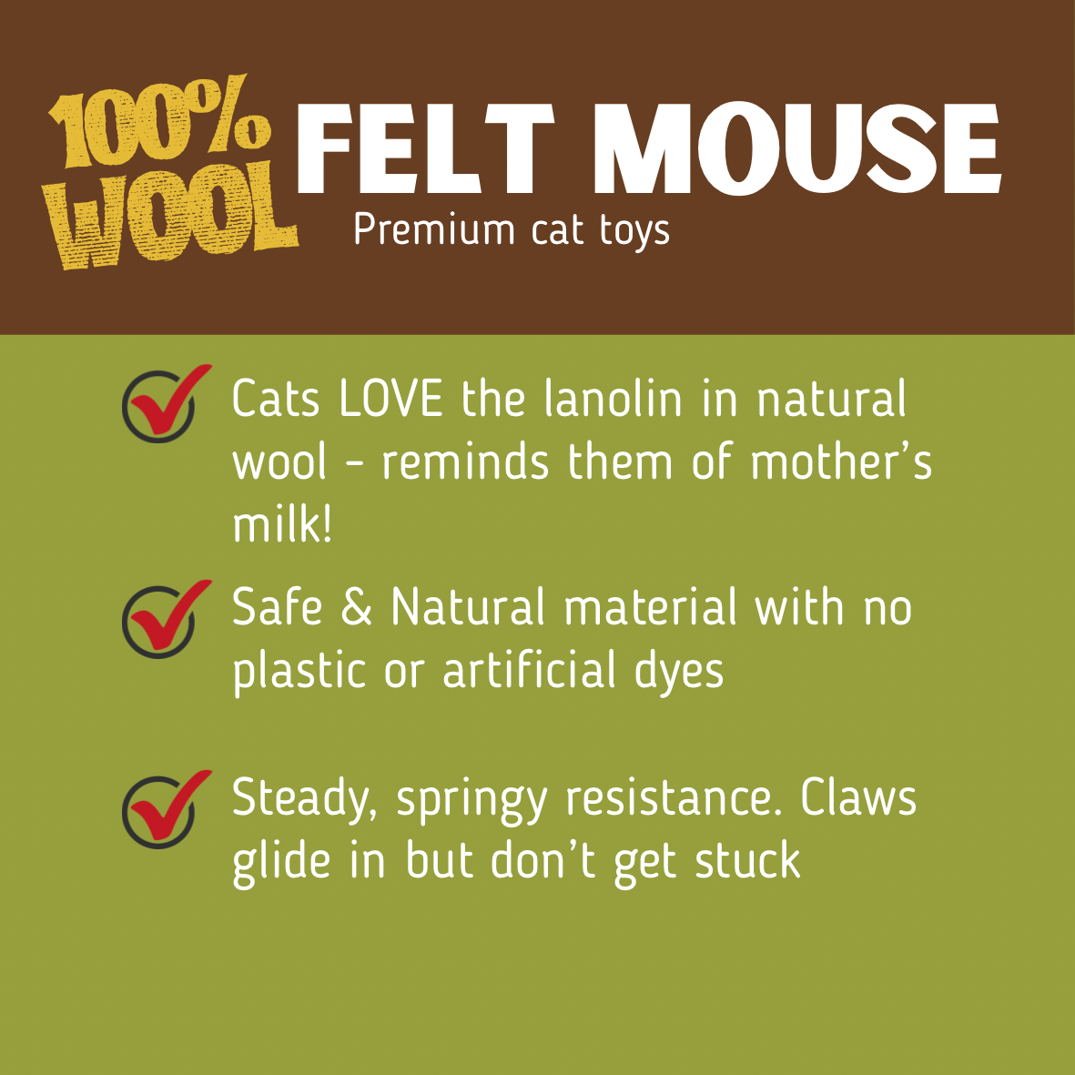 Advertisement for 100% wool felt mouse cat toys with features listed on a brown and green background.