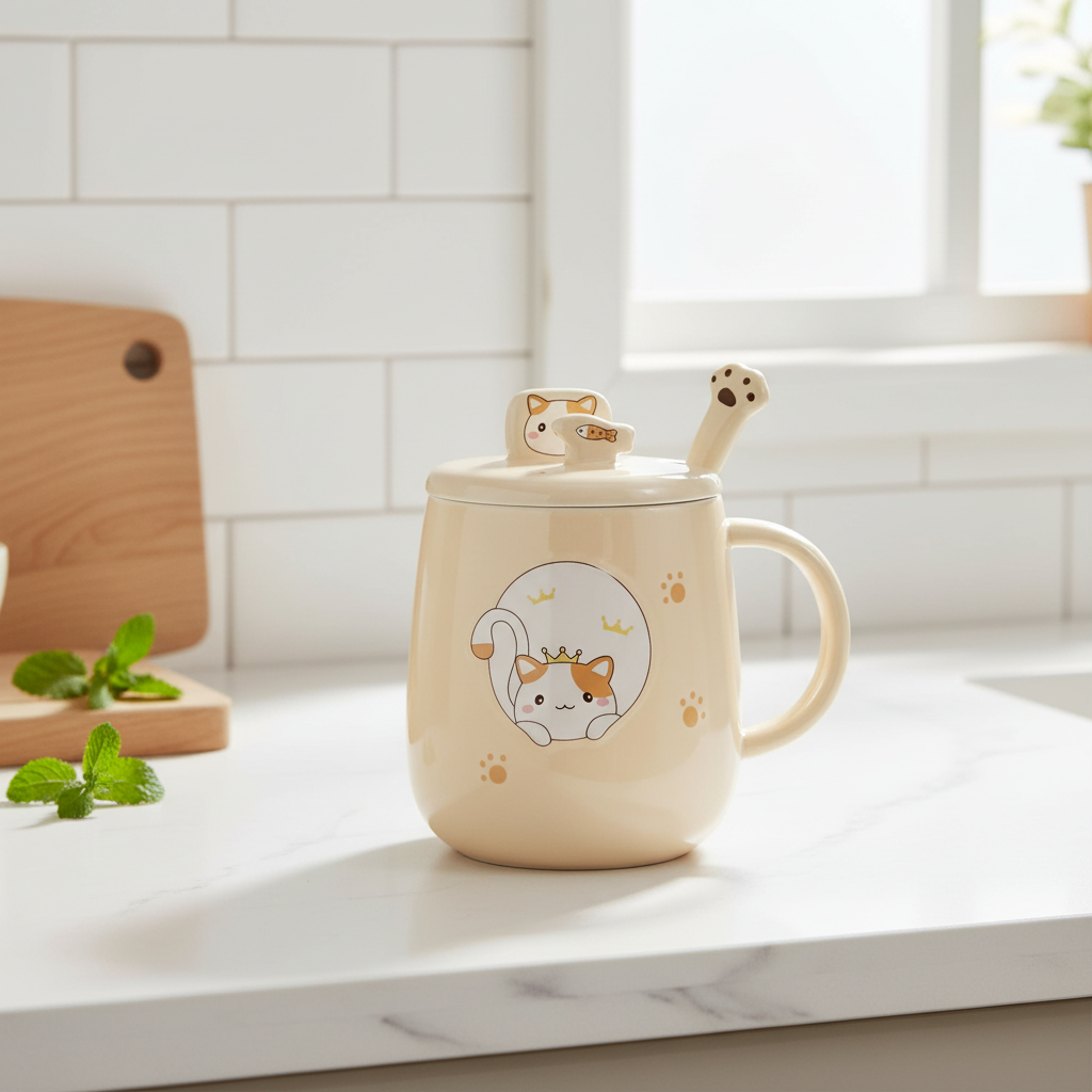Noble yellow mug with royal cat design on a kitchen counter
