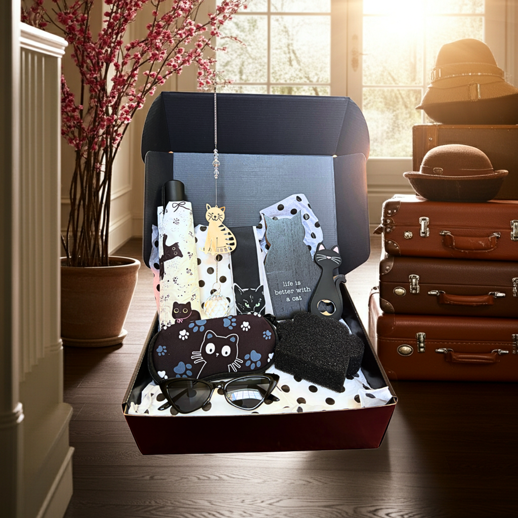 Decorative items including a hat, suitcases, and a box with cat-themed accessories on a wooden floor.
