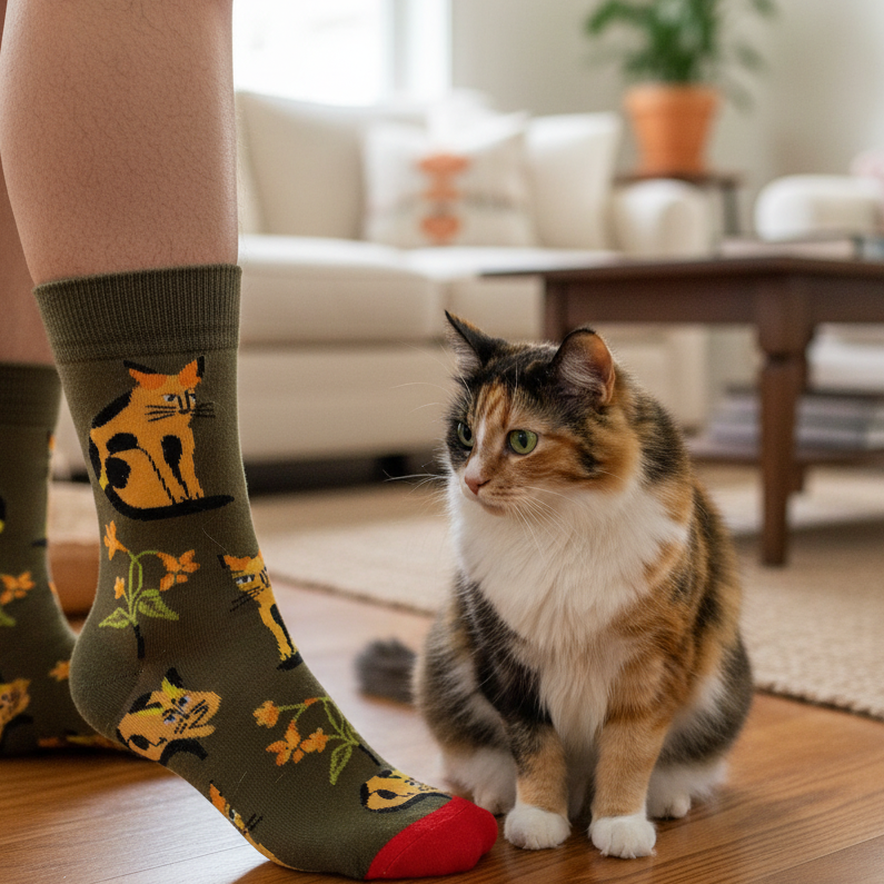 Person wearing army green socks with orange cats & flowers standing next to a calico cat in a living room.