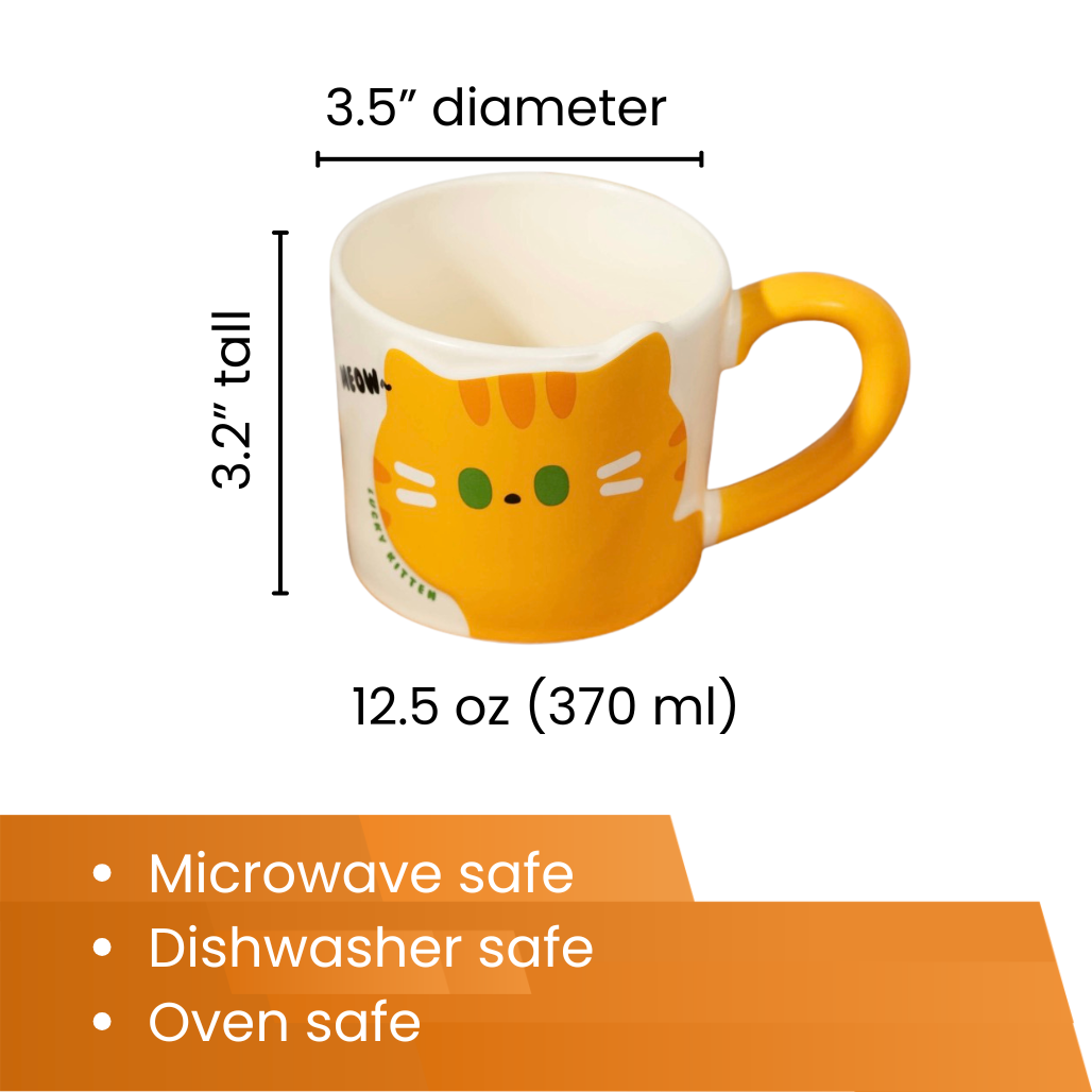 Cat-shaped mug with measurements and safety features on a white background