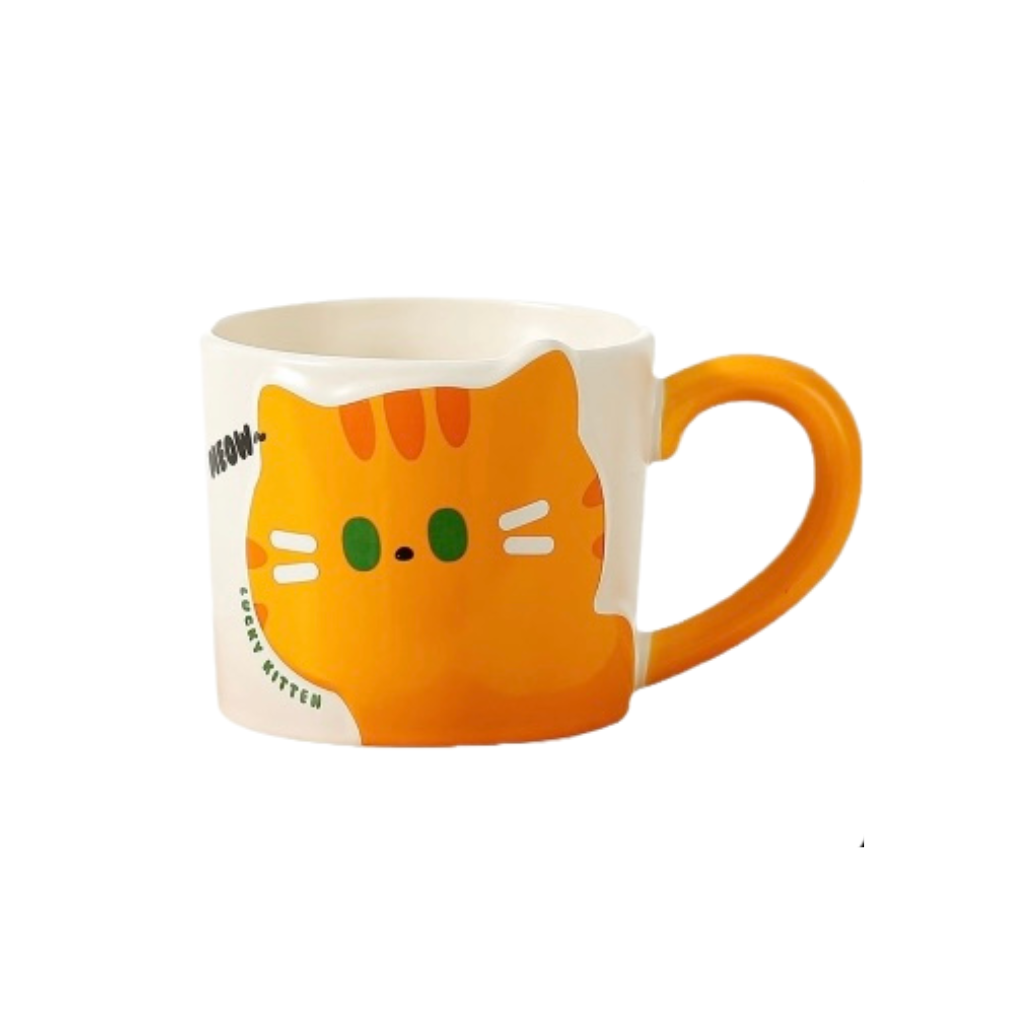 Orange Cat with green eyes on a white ceramic mug with protruding ear and tail handle on white background