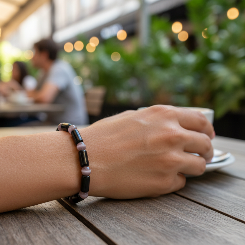 Person's hand wearing a glass beaded Purple Cats Eye bracelet on a wooden table with a blurred outdoor background
