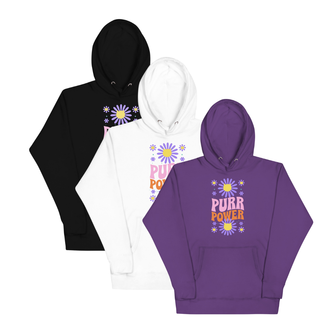 Three hoodies in black, white, and purple with 'Purr Power' text on a white background