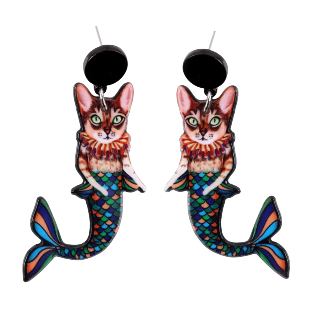 Cat mermaid earrings with colorful tails on a white background