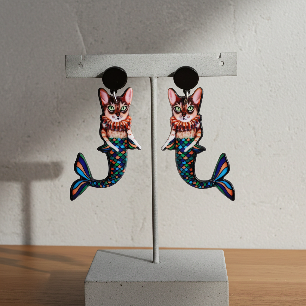 Earrings with cat mermaid design on a display stand against a neutral background