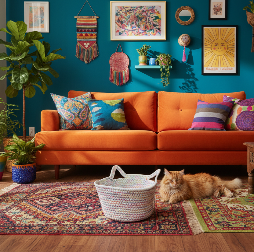 Orange sofa with colorful pillows in a living room with a blue wall, plants, and a cat.
