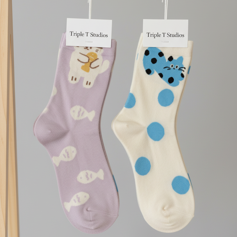 Two pairs of socks with cat designs hanging on a gray background, branded 'Triple T Studios'.