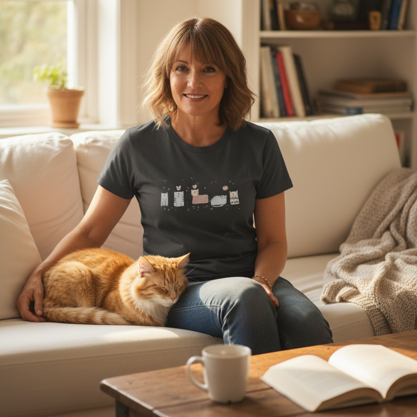 A woman sitting on a cream sofa with an orange tabby cat resting on her lap. She is wearing a dark gray graphic t-shirt with a small cartoon cat illustration and blue jeans.