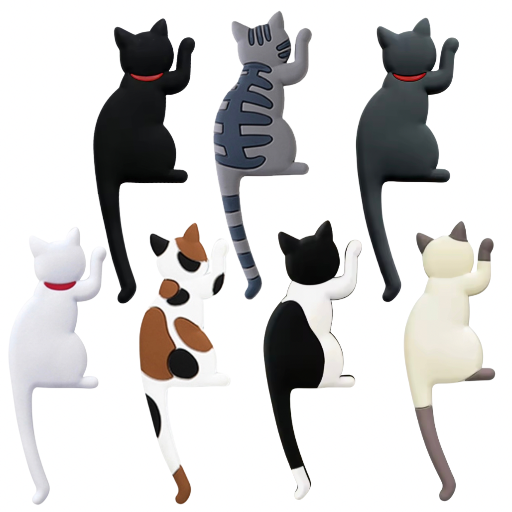 Set of cat-shaped wall hooks in various colors on a white background