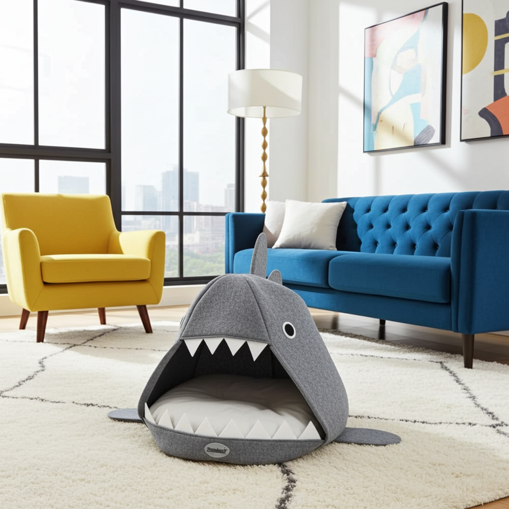 Gray shark-shaped pet bed in a modern living room with a blue sofa and yellow armchair.