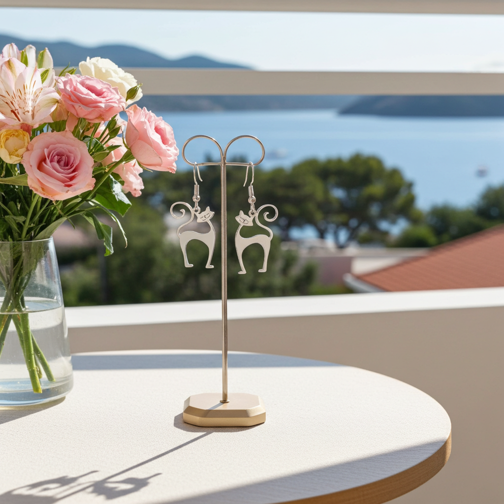 Pair of silver atomic cat-shaped earrings on a stand with a vase of pink flowers on a table outdoors.