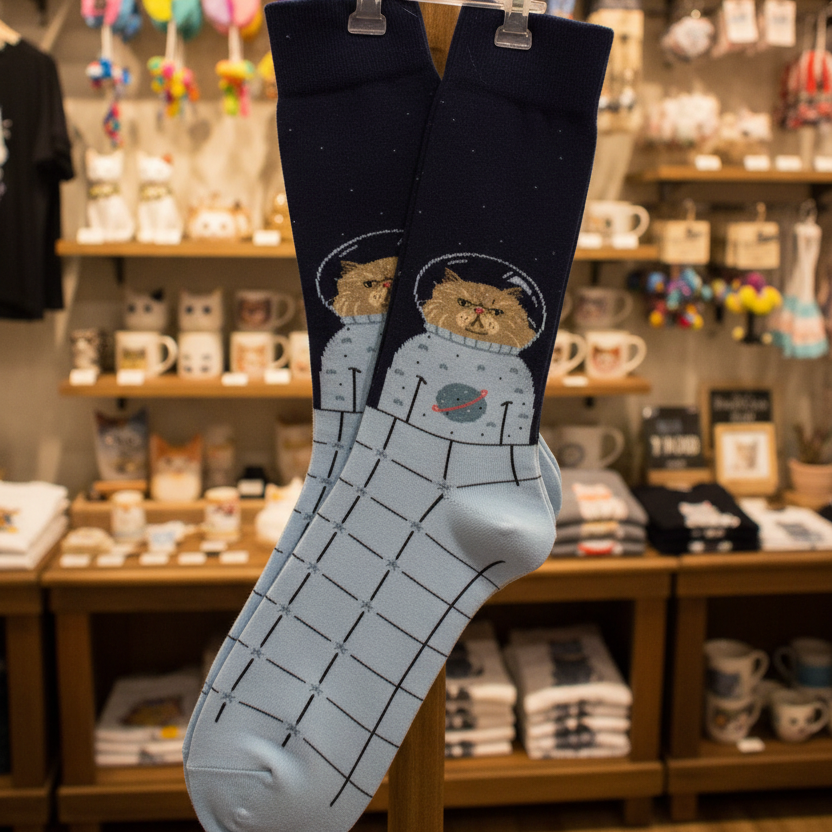 Pair of Crew Socks with Space Cat Astronaut helmet design in navy and light blue