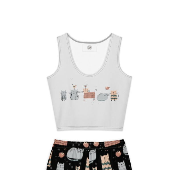 grey tank top and square cat patterned pants on a white background