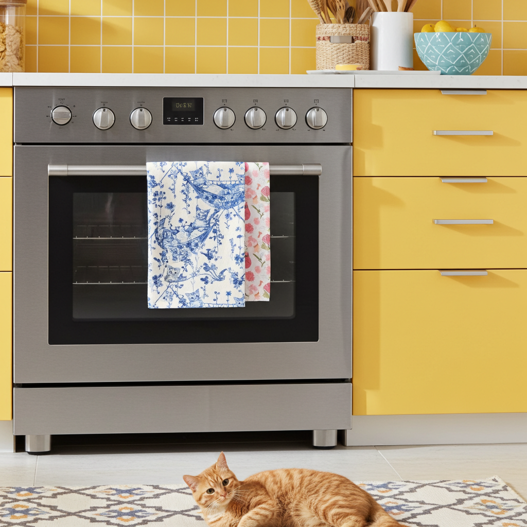 Gray oven with a floral towel in a kitchen with yellow cabinets and a cat on the floor.