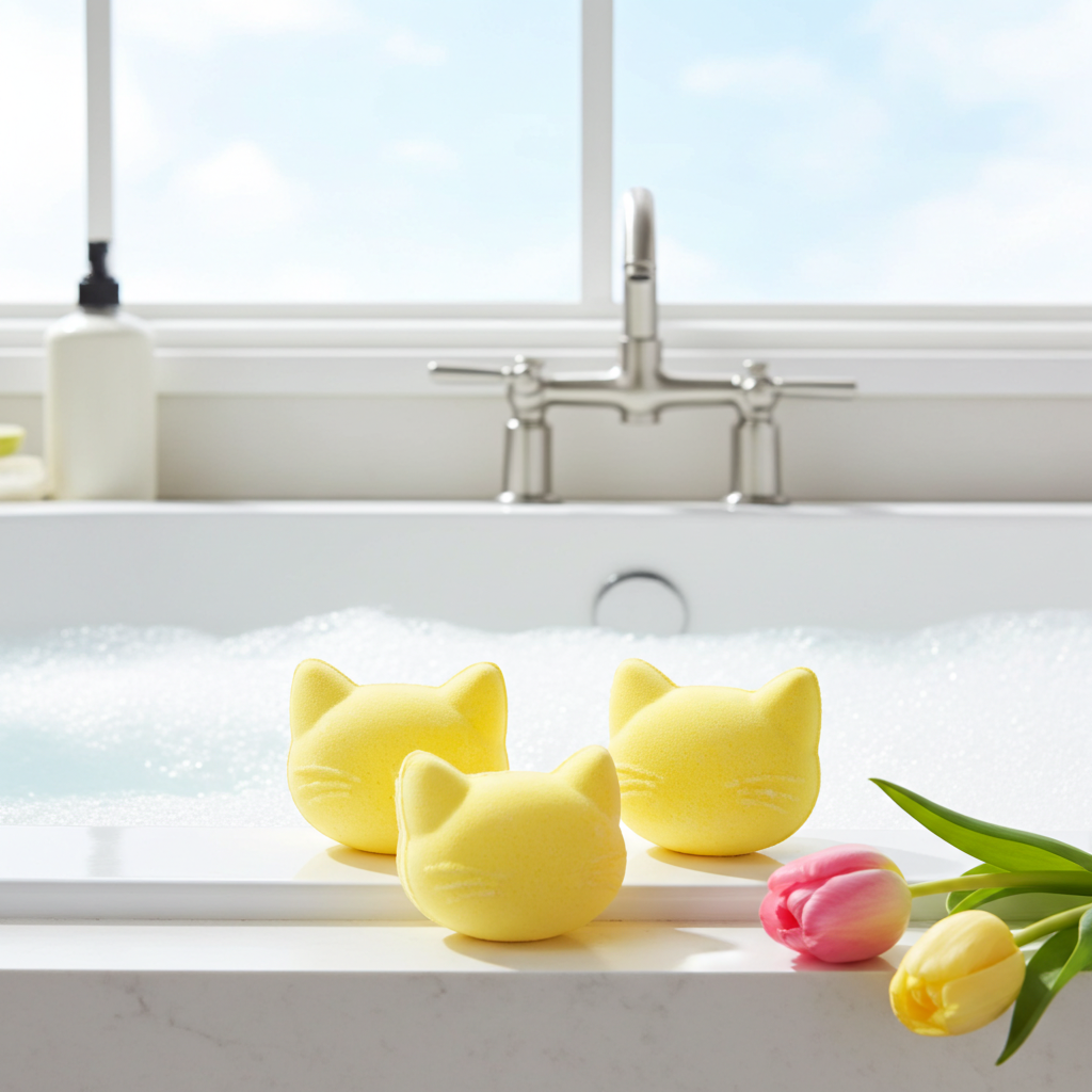 Three yellow cat-shaped bath bombs on a bathroom counter with tulips next to a bubble bath.