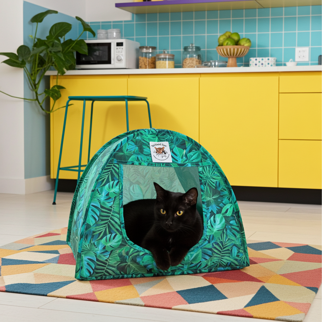 Black cat lounges in a comfortable jungle print Cat Tent in a modern bright home