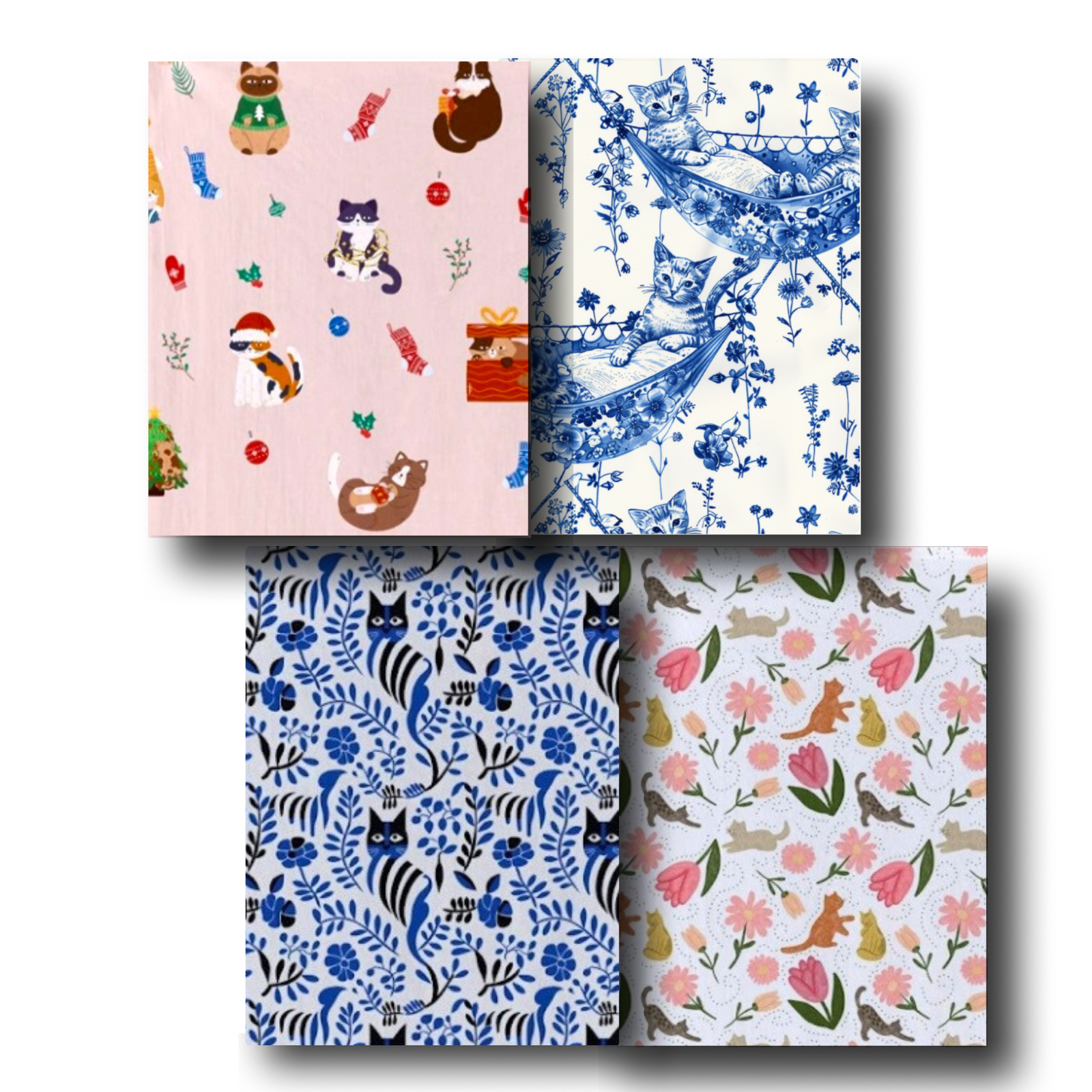 Four kitchen towels with different Cat prints on a white background