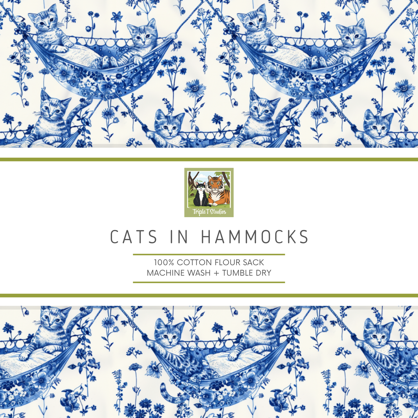 Cats in Hammocks tea towel print pattern with Triple T Studios brand logo