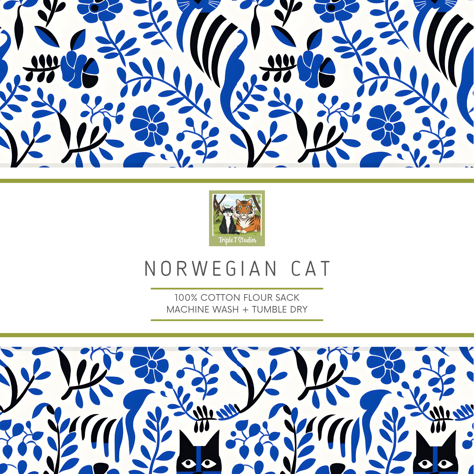 Floral and cat patterned kitchen flour sack towel with brand logo and product details.