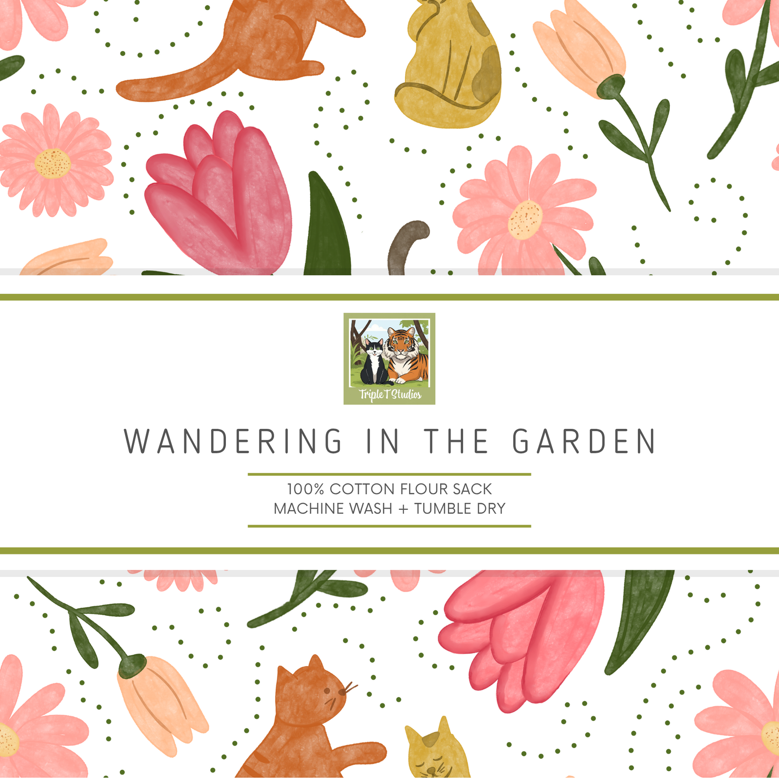 Cotton flour sack Kitchen Towel with cat and flower pattern on a white background