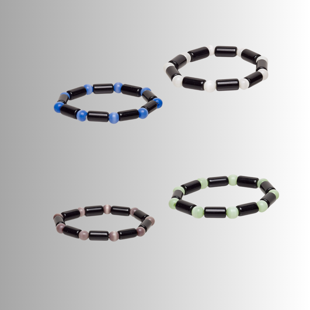 Set of four beaded bracelets with different color combinations on a gray background