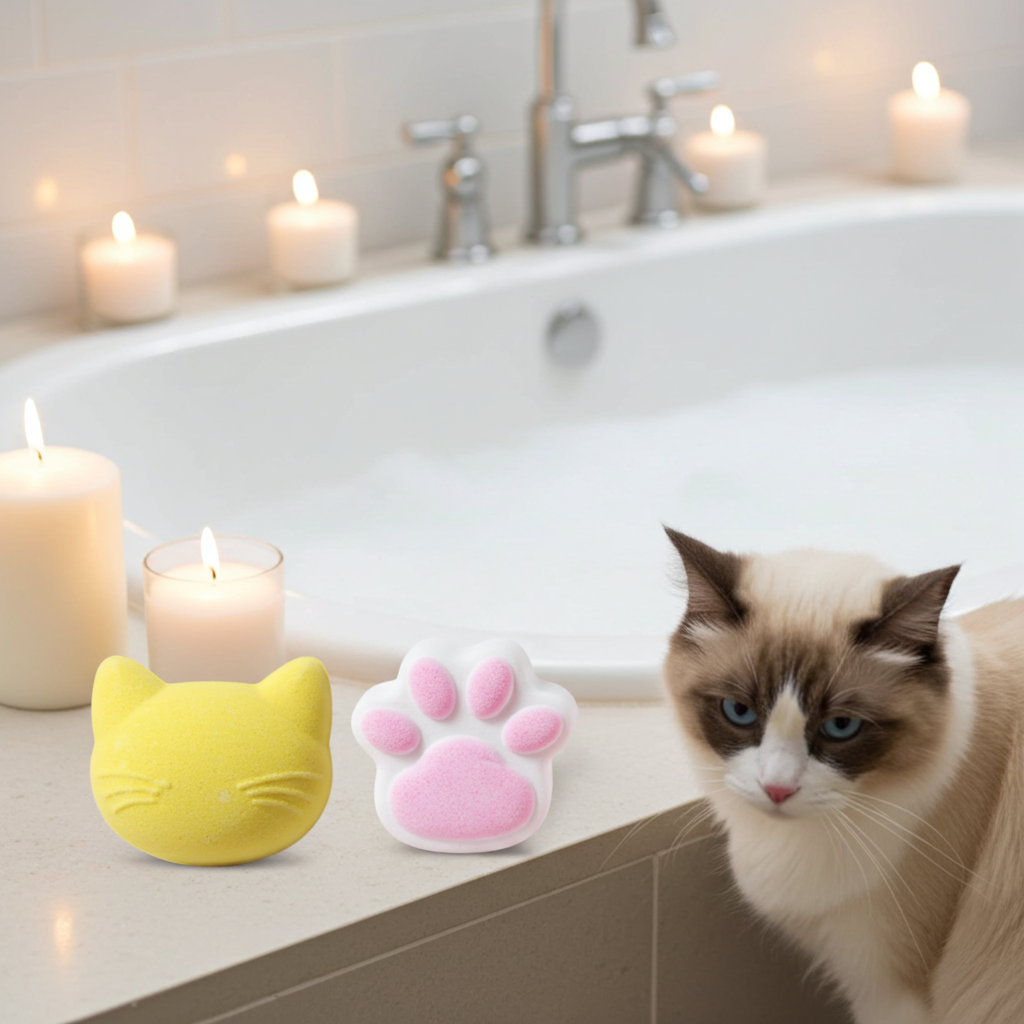 Cat-shaped and paw print bath fizzies on a bathroom counter with candles and a bathtub in the background.